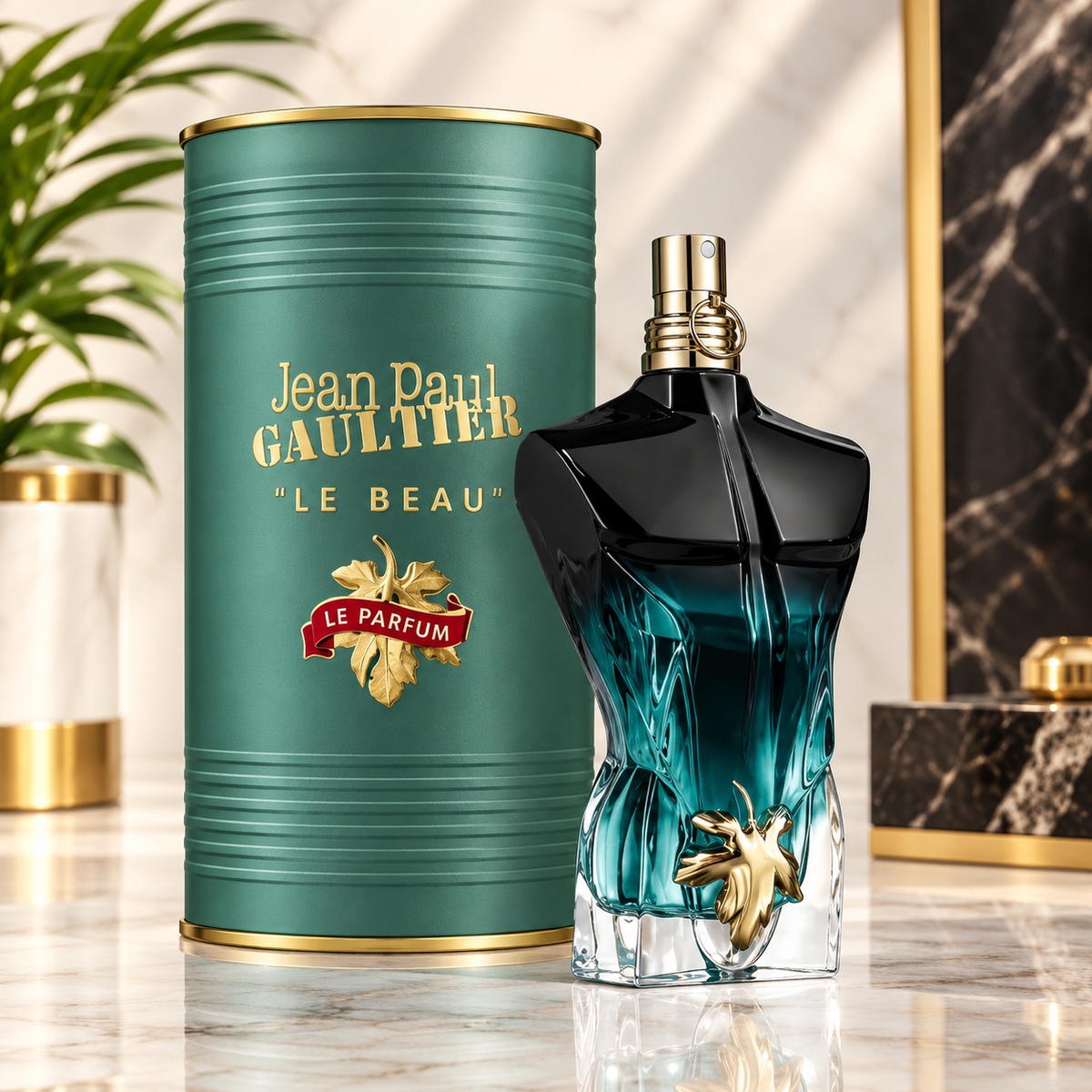 Jean Paul Gaultier Le Beau Le Parfum perfume bottle with a black upper half and teal gradient lower half, standing next to its metallic teal cylindrical packaging canister with gold lettering on a marble surface.