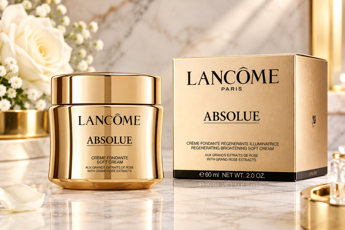 Lancôme Absolue soft cream jar in a shiny gold container next to its matching gold box, set on a marble surface with white roses in the background.