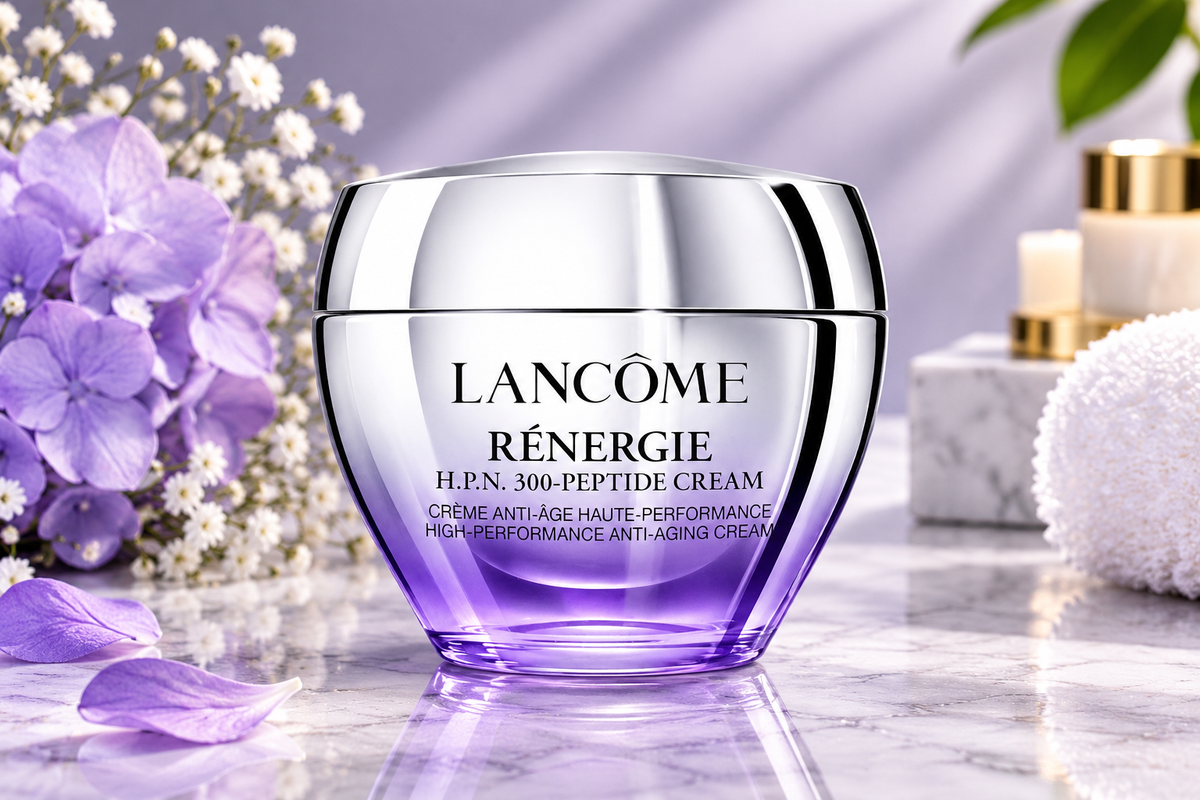 Lancôme Rénergie cream jar in a reflective purple and silver glass container, styled on a marble surface with lavender flowers, white petals, and spa accessories in the background.