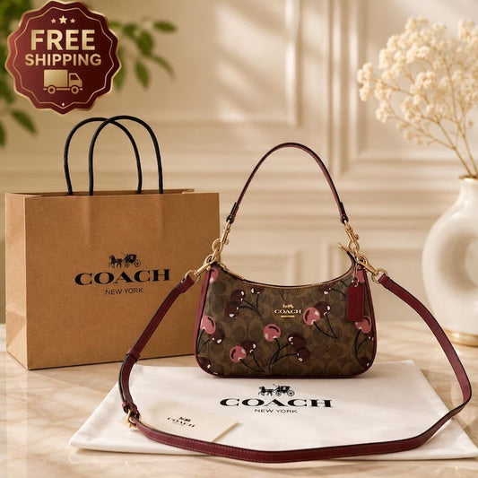 Cherry Print Signature Shoulder Bag with Burgundy Strap and Gold-Tone Hardware