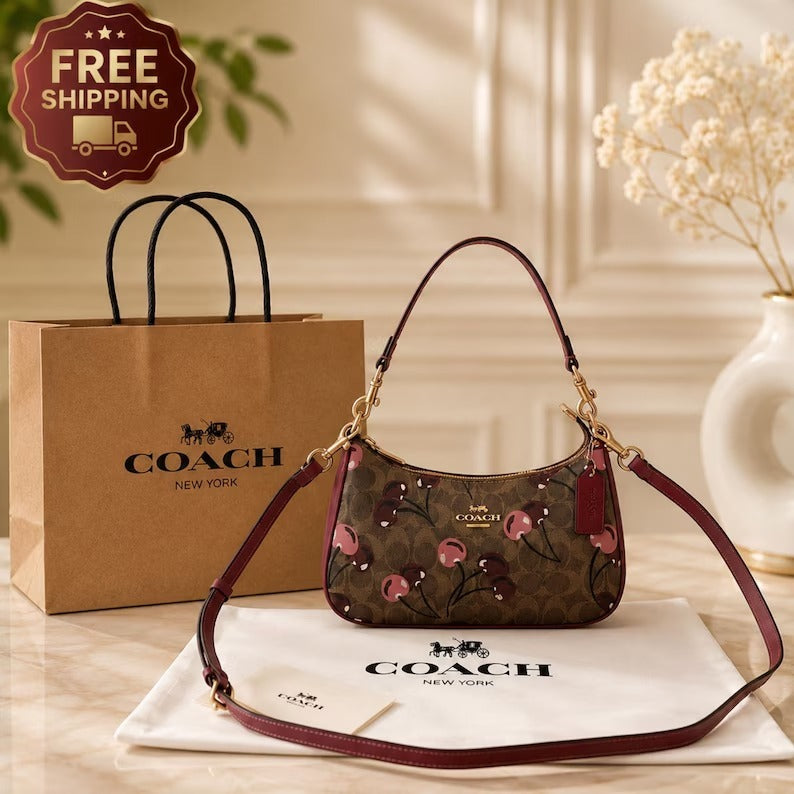 Cherry Print Signature Shoulder Bag with Burgundy Strap and Gold-Tone Hardware