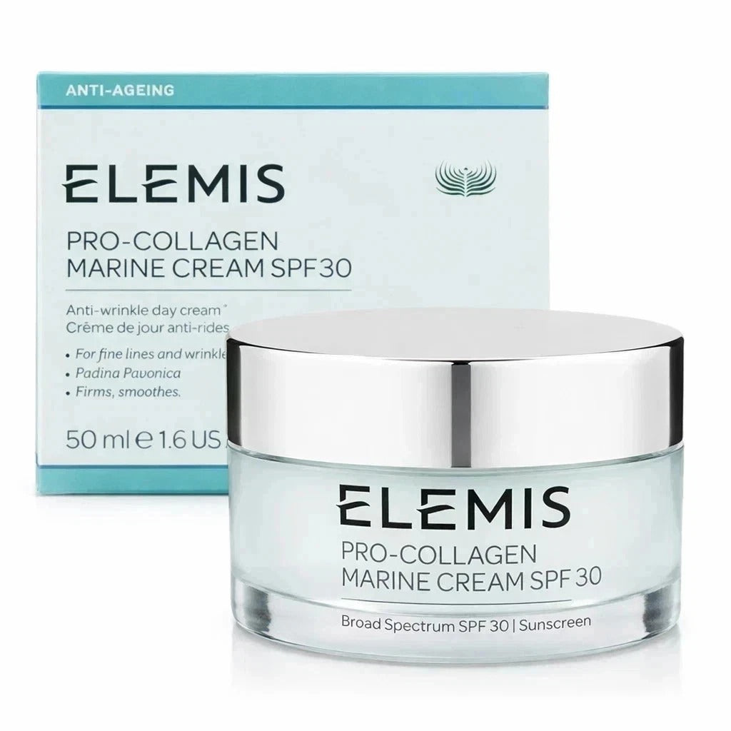 Elemis Pro-Collagen Marine Cream SPF 30 shown with its product box and a clear glass jar with a silver lid on a white background.