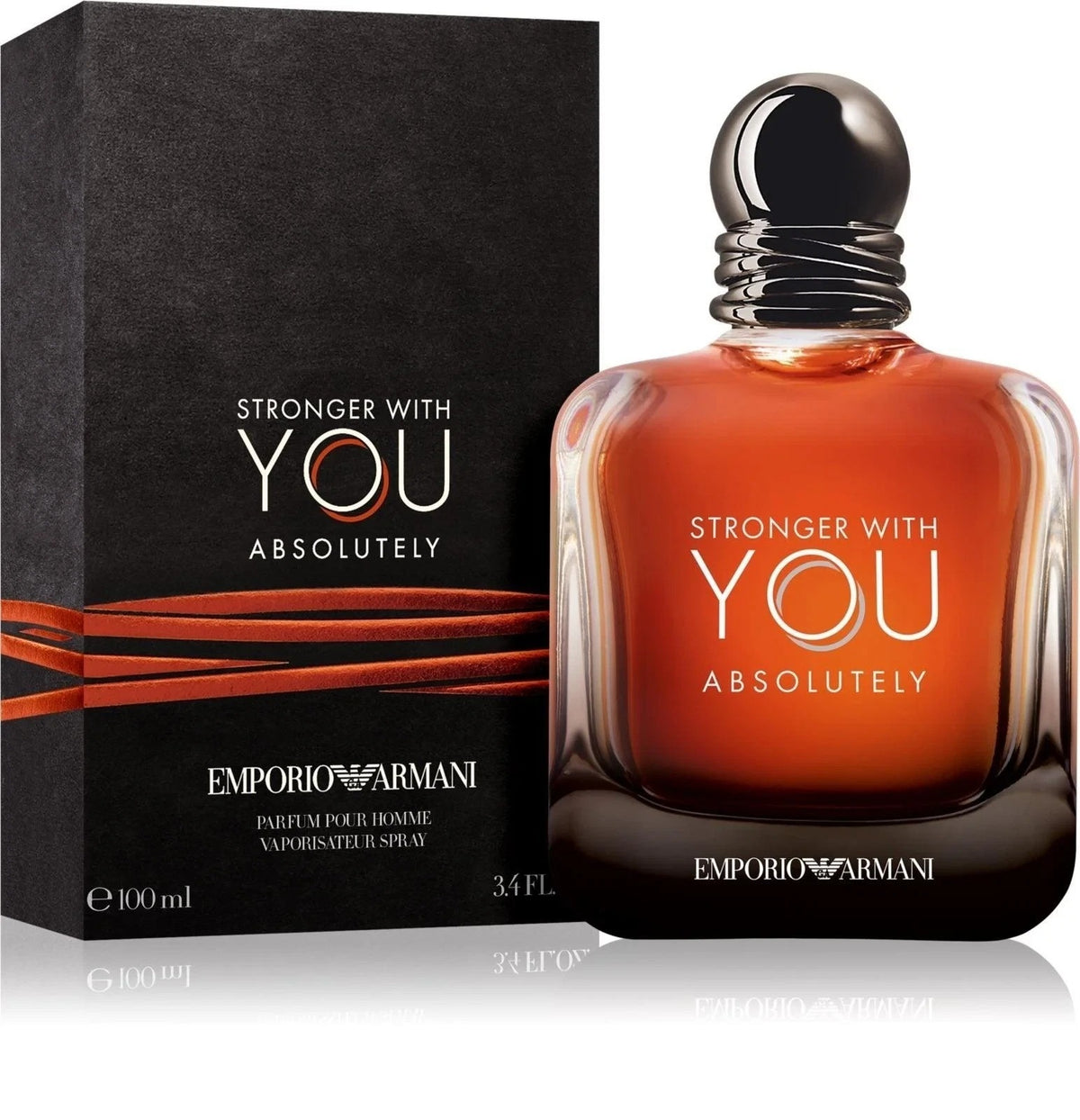 Emporio Armani Stronger With You Absolutely perfume bottle and its black packaging box on a white background.