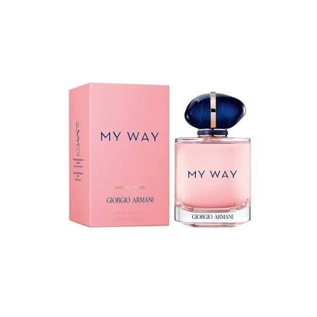 Giorgio Armani My Way Eau de Toilette perfume bottle with a pink liquid and a dark blue cap, shown next to its pink packaging box on a white background.