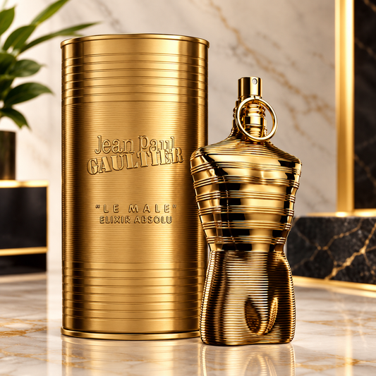 Jean Paul Gaultier Le Male Elixir Absolu perfume bottle in polished gold next to its matching cylindrical gold packaging canister, set on a marble surface with a blurred luxury interior background.