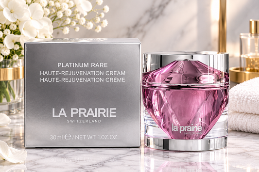 La Prairie Platinum Rare Haute-Rejuvenation Cream shown with its metallic silver box and a faceted pink glass jar on a marble surface with decorative flowers and towels.