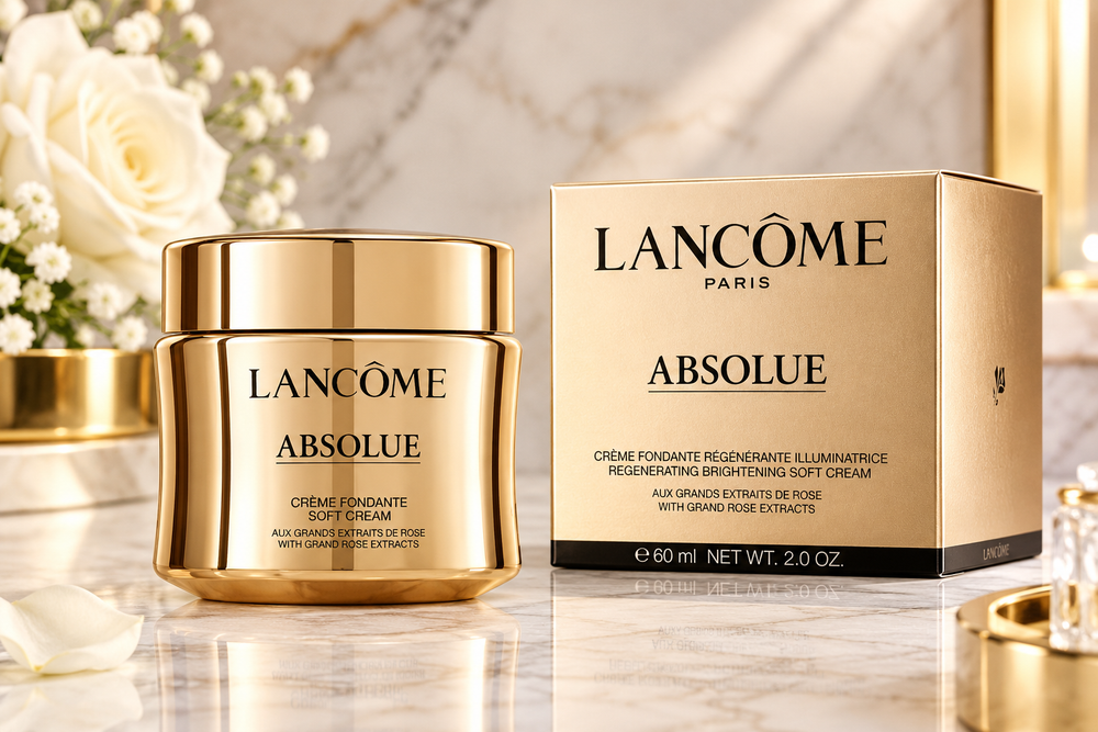 Lancôme Absolue soft cream jar in a shiny gold container next to its matching gold box, set on a marble surface with white roses in the background.
