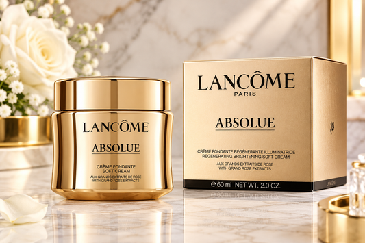 Lancôme Absolue soft cream jar in a shiny gold container next to its matching gold box, set on a marble surface with white roses in the background.