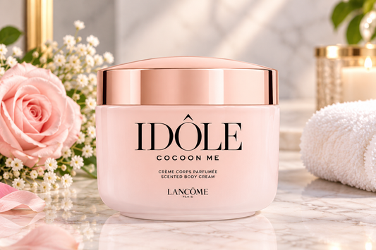Lancôme Idôle Cocoon Me scented body cream in a pale pink jar with a metallic rose gold lid, styled on a marble surface with a pink rose, white flowers, and a white towel.