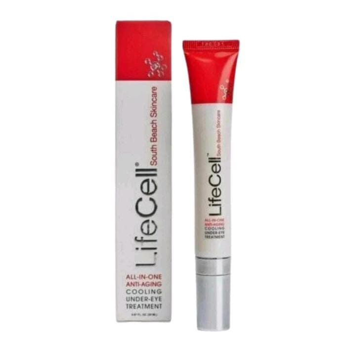 South Beach Skincare LifeCell Under-Eye Treatment shown as a red and white squeeze tube next to its matching white and red outer box on a plain white background.
