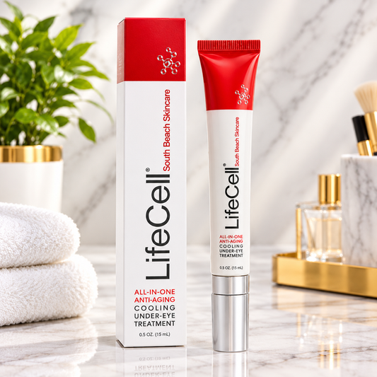 LifeCell South Beach Skincare under-eye treatment shown with its white and red retail box and matching squeeze tube on a marble surface, with folded white towels, a plant, and cosmetic bottles in the background.