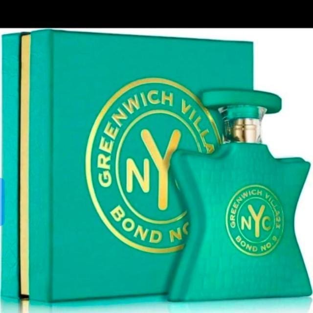Greenwich Villa Bond No. 9 fragrance bottle and matching box in a teal and gold color scheme, shown on a white background.
