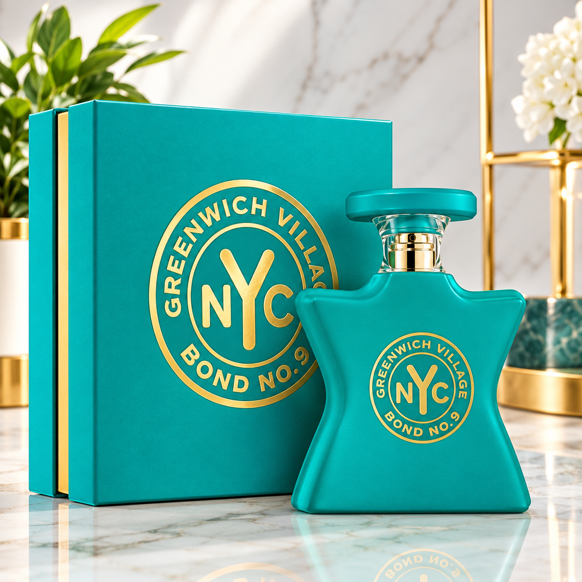 A turquoise perfume bottle with a gold circular 'Greenwich Village NYC Bond No. 9' logo stands in front of its matching turquoise box on a marble surface.