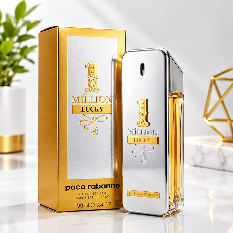 Paco Rabanne 1 Million Lucky Eau de Toilette spray bottle and its gold and silver packaging box, displayed on a reflective white marble surface with decorative background elements.