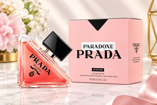 Prada Paradoxe Prada Intense Eau de Parfum bottle and its pink packaging box, styled on a marble surface with pink flowers in the background.