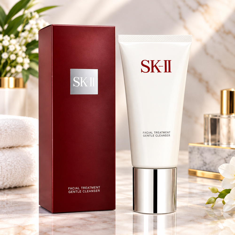 SK-II Facial Treatment Gentle Cleanser shown with its white squeeze tube and dark red rectangular box on a marble surface, with folded towels and flowers in the background.