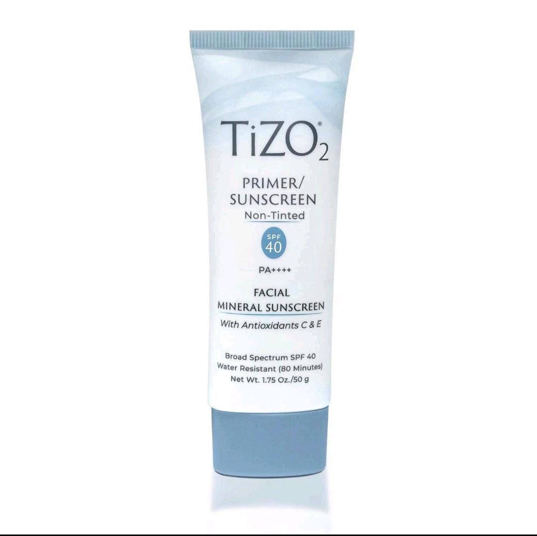 A tube of TiZO Primer/Sunscreen Non-Tinted Facial Mineral Sunscreen SPF 40, featuring a white and light blue design on a clean white background.