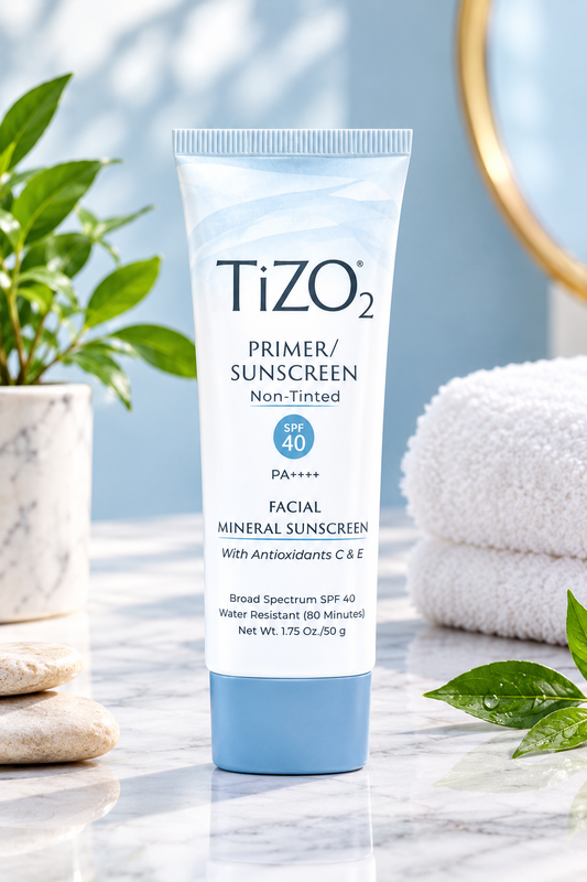 A tube of TiZO2 Primer/Sunscreen Non-Tinted Facial Mineral Sunscreen SPF 40, standing on a marble surface with a white towel, green leaves, and a gold-framed mirror in the background.