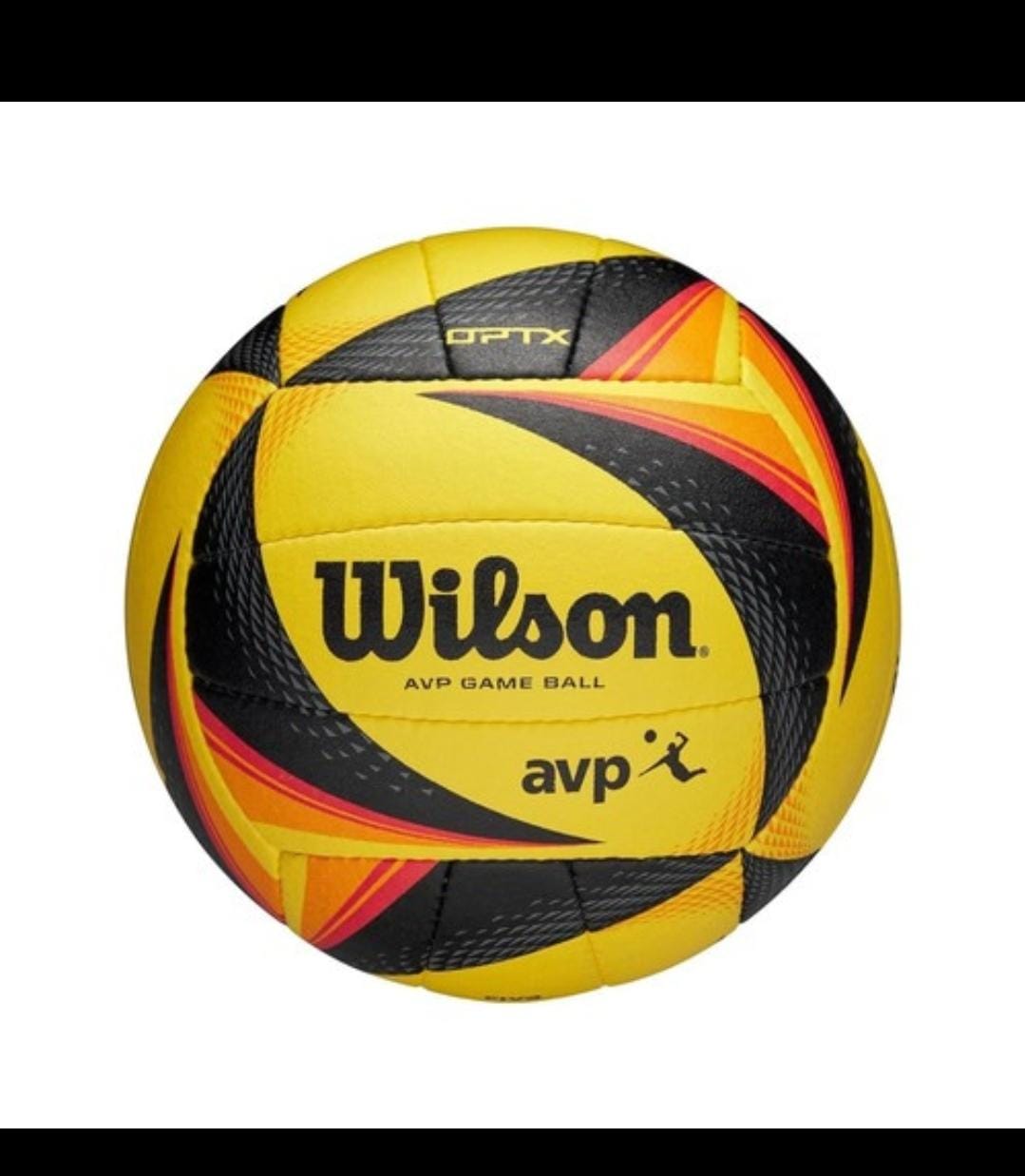 A Wilson AVP game ball volleyball with a yellow, black, and orange pattern, shown on a white background with black letterbox bars at the top and bottom.