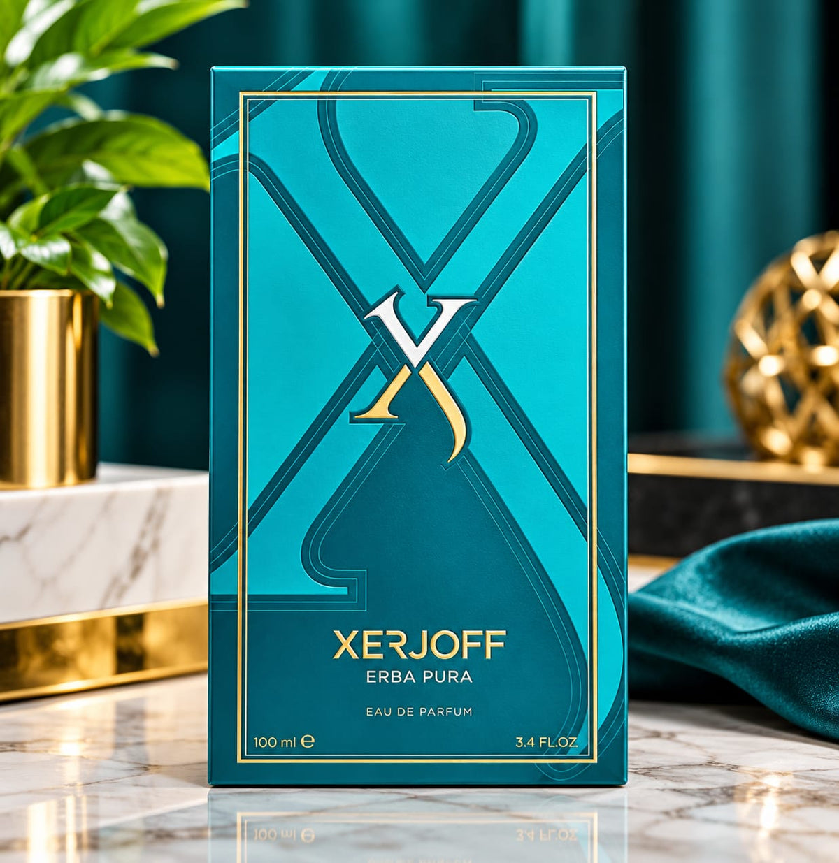 Xerjoff Erba Pura Eau de Parfum 100ml box in a vibrant teal color with gold accents, set on a marble surface with a green plant and gold decor in the background.