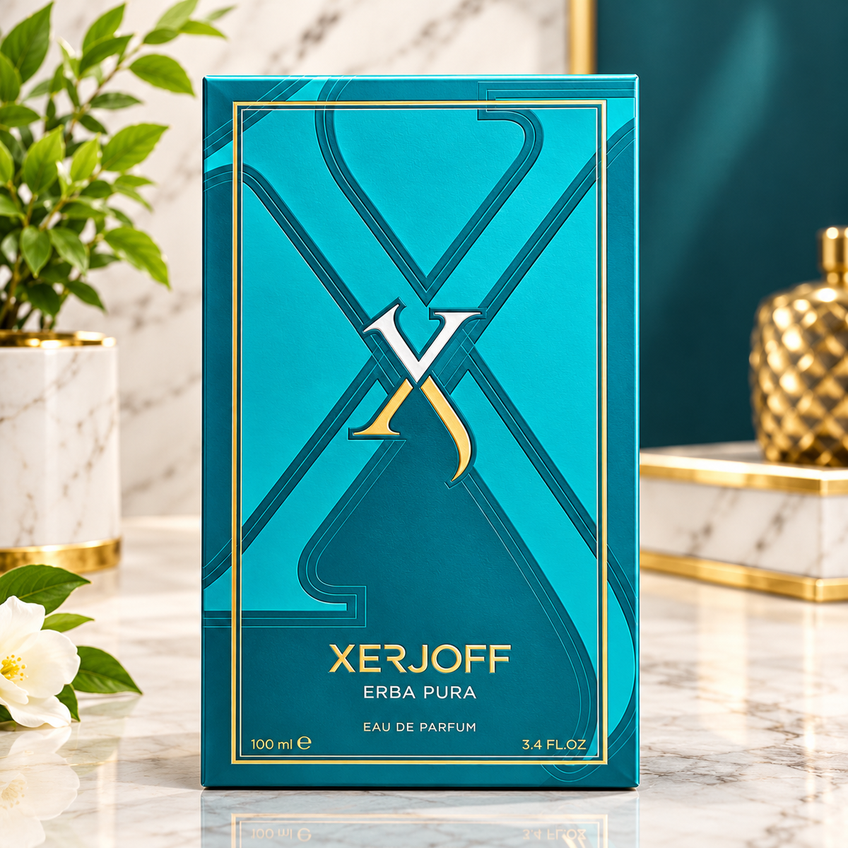 Xerjoff Erba Pura Eau de Parfum 100ml box, featuring a vibrant teal and gold design, set on a marble surface with decorative plants and a gold vase in the background.