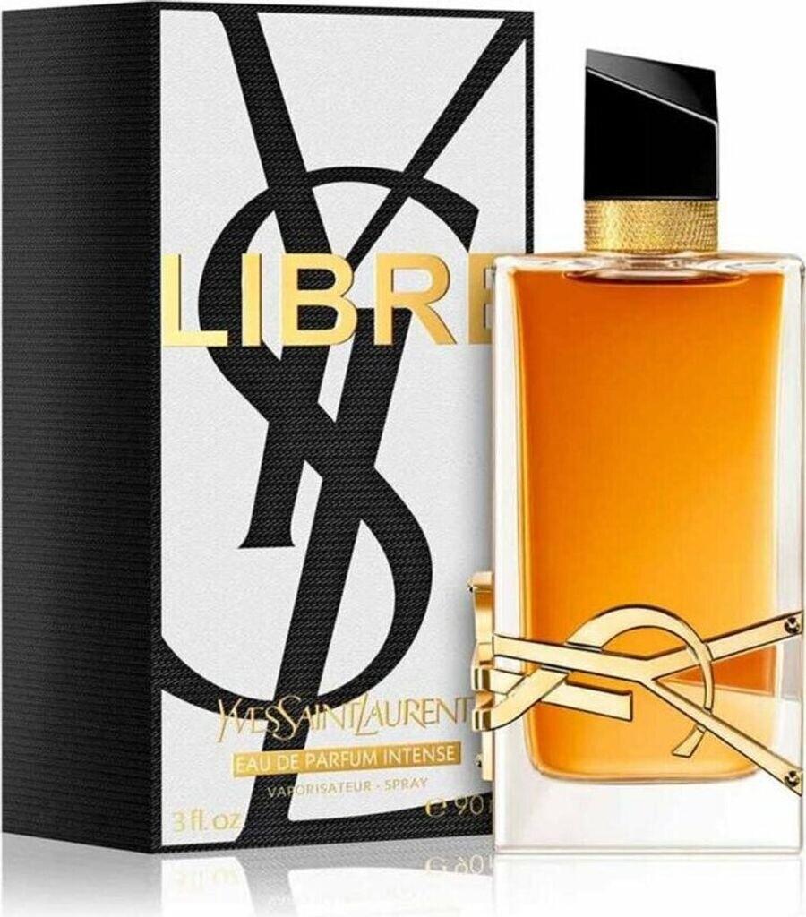YSL Libre Eau de Parfum Intense spray bottle with amber liquid and gold logo details, shown next to its black and white packaging box with gold lettering.