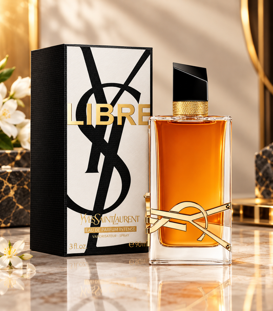 YSL Libre Eau de Parfum bottle with amber liquid and gold logo detail, shown next to its black and white packaging box with gold lettering on a polished marble surface.